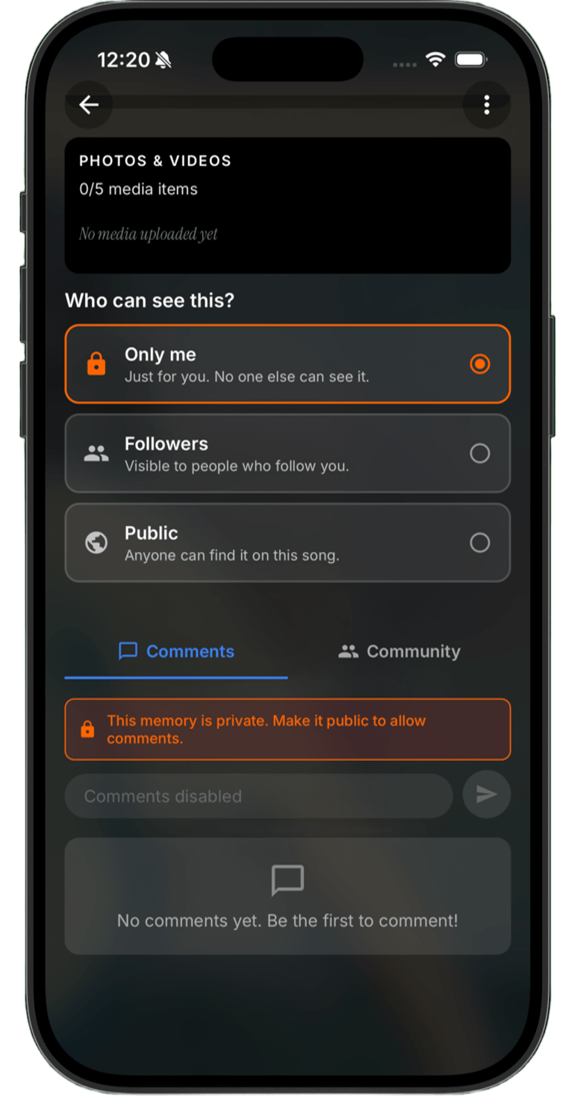 Music Memory privacy — keep a memory private, share with followers, or make it public