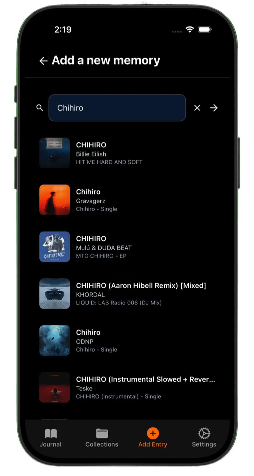 Search the Apple Music catalogue to add a song to your music journal